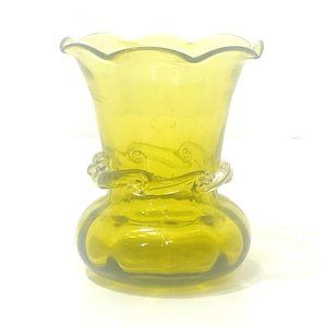 Vintage Pilgrim Glass Avocado Green Bud Vase Ruffle Optic Rigaree Collar 3.5"